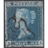 STAMPS : GREAT BRITAIN 1841 2d Blue (EK) fine four margin example cancelled by No 6 in MX