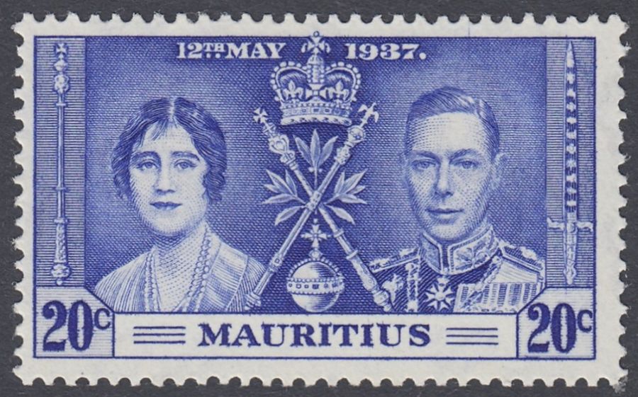 STAMPS MAURITIUS 1937 Coronation 20c Bright Blue, LINE THROUGH SWORD, mounted mint SG 251a