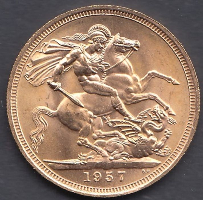 Coins : 1957 Gold Sovereign designed by Mary Gillick in display case - Image 2 of 3