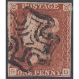 STAMPS : GREAT BRITAIN : 1841 Penny Red plate 2 (GD) " no ray flaw", fine four margin example