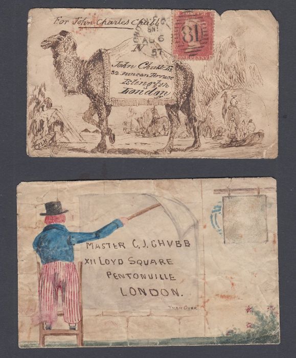 STAMPS : Two Victorian hand illustrated envelopes one with a stamp attached