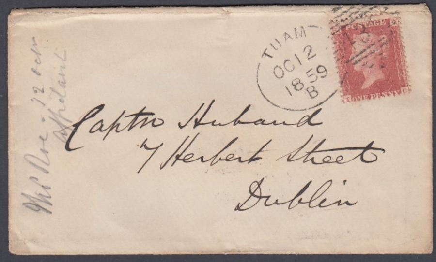 STAMPS : GREAT BRITAIN : 1859 Envelope with TUAM Irish Spoon cancel on Penny Red