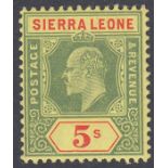 STAMPS SIERRA LEONE 1908 5/- Green and Red/Yellow, lightly mounted mint SG 110