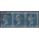 STAMPS : GREAT BRITAIN 1858 2d Blue plate 9 used strip of 3