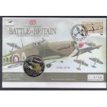 Coins : 2010 Battle of Britain Coin cover with £5 Guernsey coloured Spitfire coin