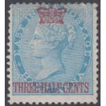 STAMPS MALAYA STRAITS SETTLEMENTS 1867 1 1/2c on 1/a Blue, lightly mounted mint SG 1