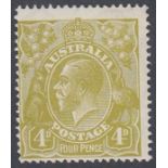 STAMPS : AUSTALIA 1928 4d Yellow-Olive, mounted mint SG 91