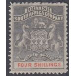 STAMPS RHODESIA 1893 4/- Grey-Black and Vermilion mounted mint SG 26