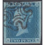 STAMPS : GREAT BRITAIN 1841 2d Blue Plate 3 (AB) , superb four margin example with Black MX