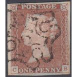 STAMPS : GREAT BRITAIN 1841 Penny Red , four margin example cancelled by No 6 in MX