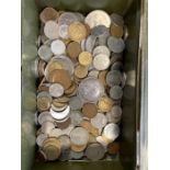 COINS : Tin of mixed old GB and foreign coins plus a WWI service Medal