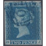 1841 2d Blue plate 4 (GJ) cancelled by BLUE Numeral , four margins SG 14 Cat £875