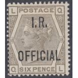 1882 QV 6d grey, plate 18, overprinted 'I.R. OFFICIAL'