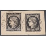 1849-52 Ceres, two 20c black used on piece