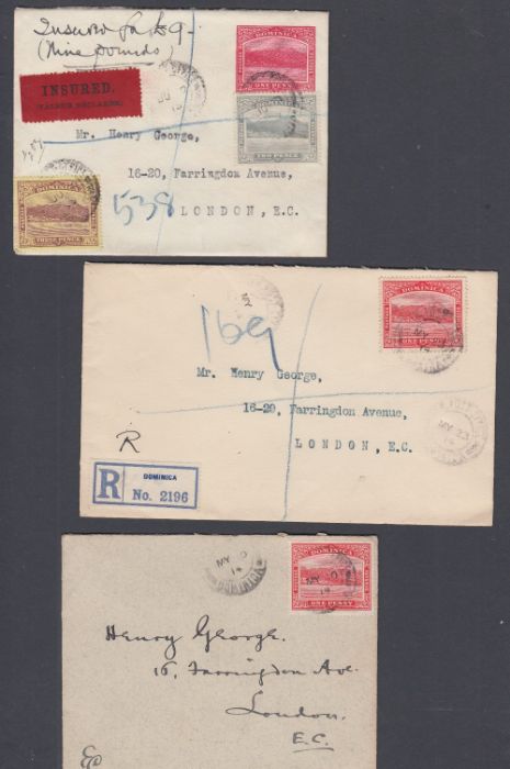 DOMINICA, 1914-15 three covers to London , one with Registered label