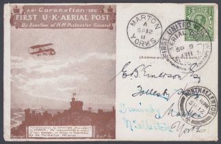 STAMPS 1911 Aerial Post red brown card, 9th Sept, redirected from Marton to North Allerton