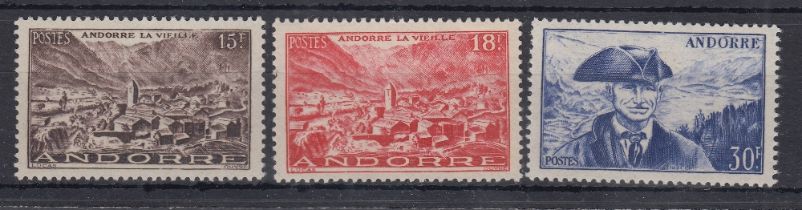 STAMPS French Andorra 1944 definitives 15f Brown, 18f Red and 30f Blue all unmounted mint