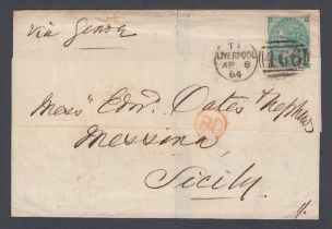 STAMPS 1864 Wrapper from Liverpool to Sicily with 1/- Green plate 1 SG 90