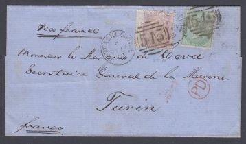 STAMPS 1859 6d Pale Lilac and 1/- Green on wrapper Newcastle to Turin SG 70 and SG 72