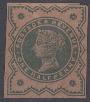 STAMPS 1900 1/2d PLATE PROOF in green on buff, four margins SG 213 var