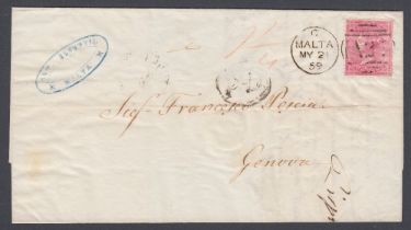 STAMPS 1859 wrapper from Malta to Geneva with 4d Rose SG 66a