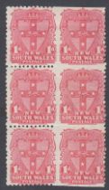 STAMPS 1899 NEW SOUTH WALES 1d Scarlet Imperf on 3 sides on 3of 3 in block. Mounted mint block of 6