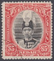 STAMPS KEDAH 1937 $5 black and scarlet fine used SG 68 Cat £180