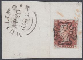 STAMPS 1841 1d Red Brown plate 20 on piece, four margins, cancelled by Mullingar MX