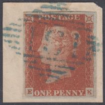 STAMPS 1841 1d Red Brown plate 66 (EK), four margin example cancelled by BLUE Irish Diamond