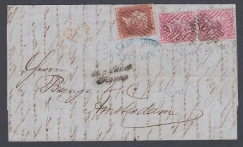 STAMPS 1855 4d Deep Bright Carmine x2 and 1d Red on wrapper London to Amsterdam SG 62 and SG 29