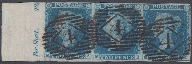 STAMPS 1841 2d Blue plate 3 MA-MC, very fine four margin marginal strip with RPS Cert
