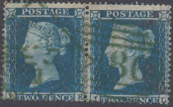 STAMPS 1854 2d Blue plate 4 (JK-JL) fine used re-joined pair with Green Dublin postmark SG 19