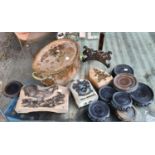 A copper pan, three printing blocks and a selection of wooden oriental stands etc
