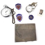 An Edwardian fob watch; a pocket watch; hallmarked silver badges; a hallmarked silver cigarette