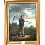 Early 19th century school, Man on country Path with Scythe & Rake, oil on board, unsigned 22 x 16cm,