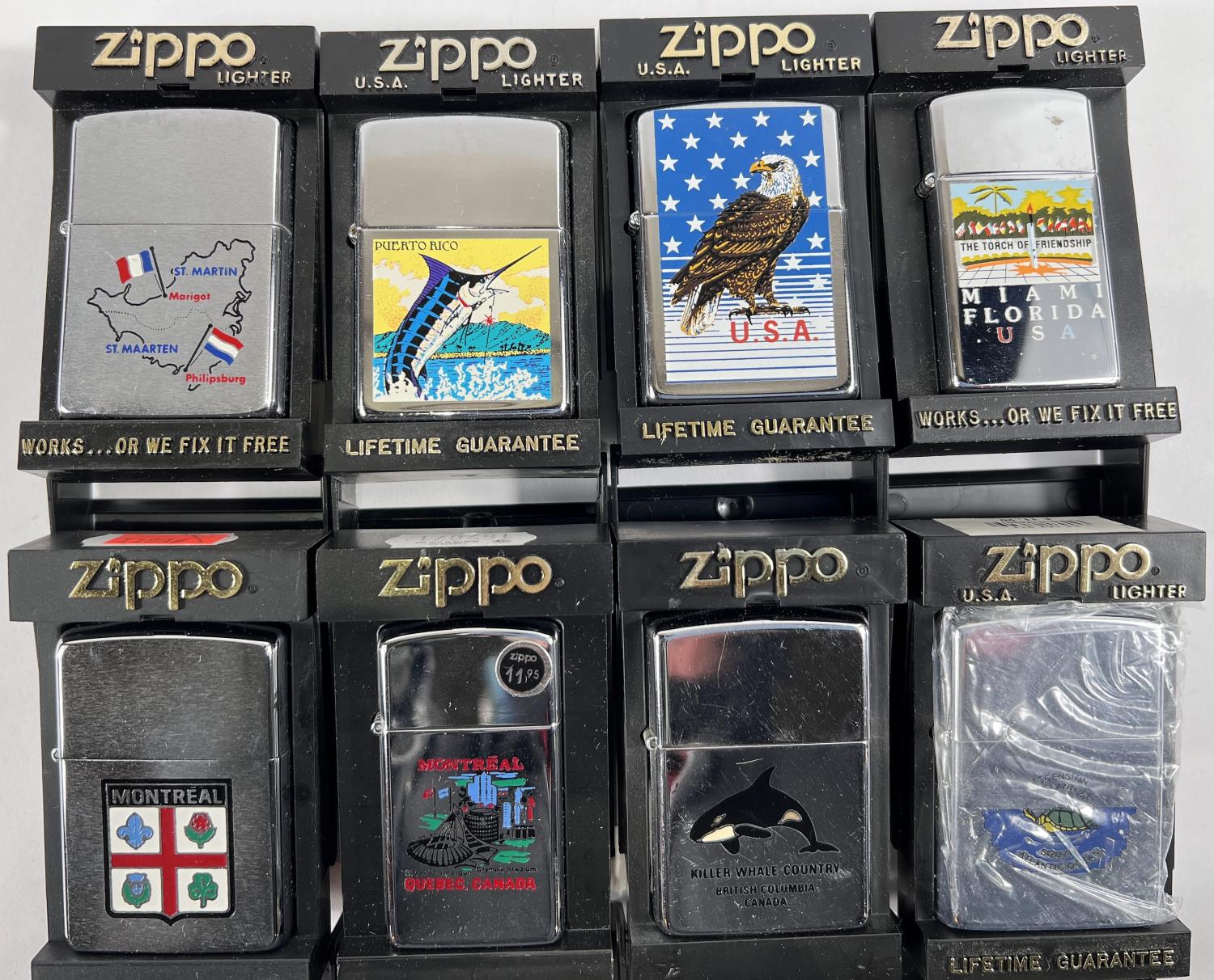 Eight various Zippo lighters for various countries, cities etc, USA, British Columbia, Montreal,