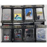 Eight various Zippo lighters for various countries, cities etc, USA, British Columbia, Montreal,