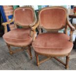 A pair of French armchairs with carved decoration, rope twist legs x-frame