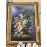 Mielof: large oil on board, still life of flowers in vase, signed, 89 x 59 cm, in antique style gilt