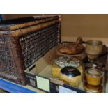 A rattan box; an octagonal mirror; a carved tray & treenware etc.