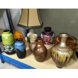 A selection of studio style pottery Eastern European stoneware vases a 1970's lamp etc
