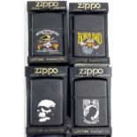 Four various Zippo lighters , matt black:  Born Bad; Mercenaries Never Die POW; Mia you are not