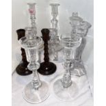 A pair of Waterford cut glass candle sticks with slice cut tops, other various glass and a pair of