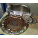 A silver plated wine tray with grape border; a silver plated dish with handle, a middle eastern