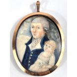 A late 18th/early 19th century primitive school oval miniature on ivory panel, 1/2 length portrait