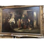 A Bennet:  19th century cottage interior with 2 women and children greeting an orphan boy, oil on