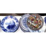 A Royal Doulton flow blue Plate with Shakespeare, another with burns and a selection of similar blue