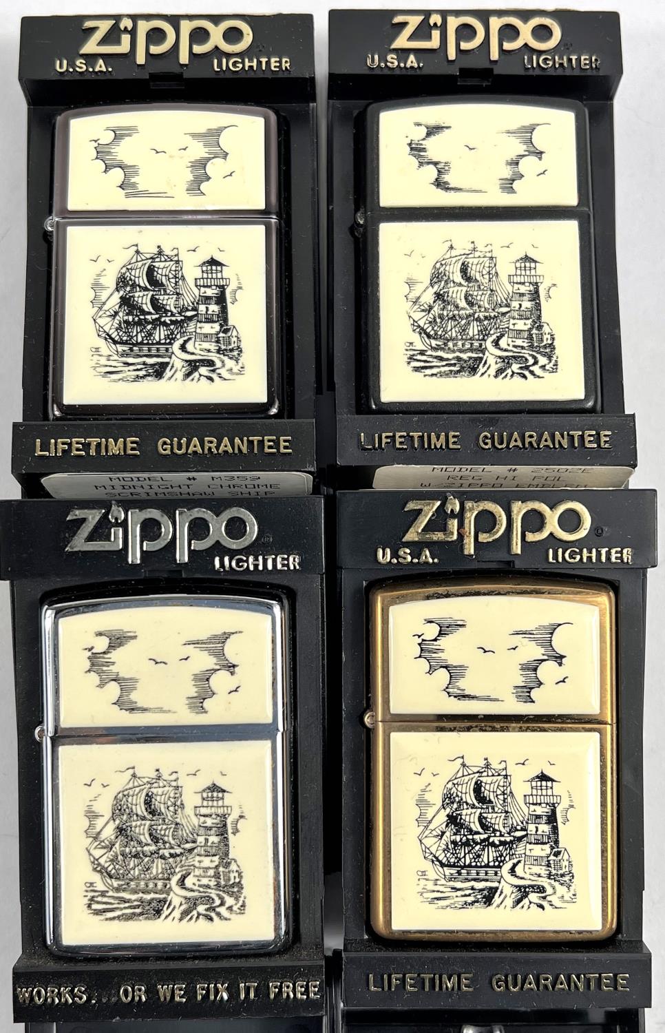 Four various coloured Zippo scrimshaw lighters with ships/lighthouses, matt black; black; chrome and