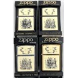 Four various coloured Zippo scrimshaw lighters with ships/lighthouses, matt black; black; chrome and