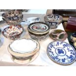 A selection of Amherst and other pedestal and other stone ware bowls, plates etc